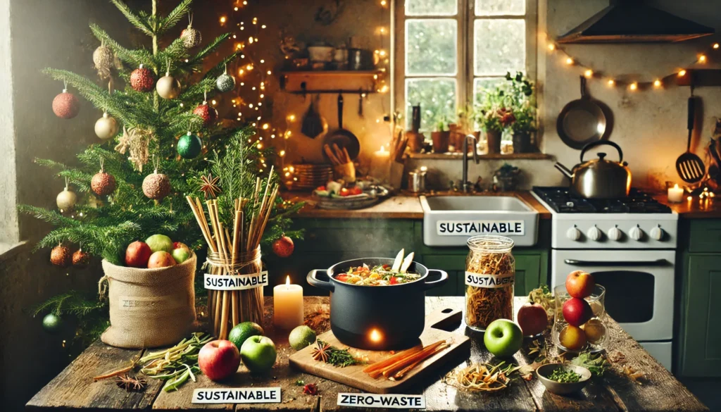 A warm and festive kitchen scene featuring Amazing Zero-Waste Holiday Recipes. The kitchen has wooden countertops, sustainable cooking tools, and holiday decorations such as a small Christmas tree and festive lights. Fresh vegetables, fruits, and herbs are laid out on the counter, with parts like peels and stems being used for a holiday stew. A compost bin nearby holds food scraps, emphasizing zero-waste cooking practices. Eco-friendly labels like "Sustainable" and "Zero-Waste" are visible, with natural light illuminating the scene.