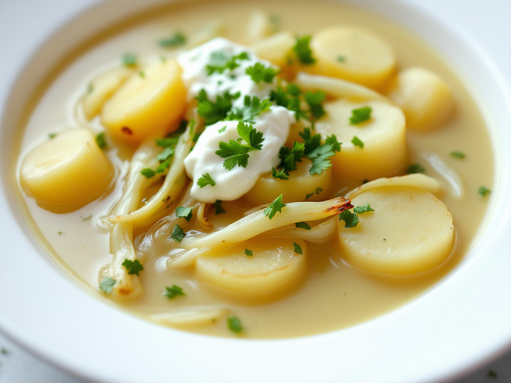  A bowl of creamy leek and potato soup garnished with fresh chives and a swirl of cream, served in a rustic bowl.