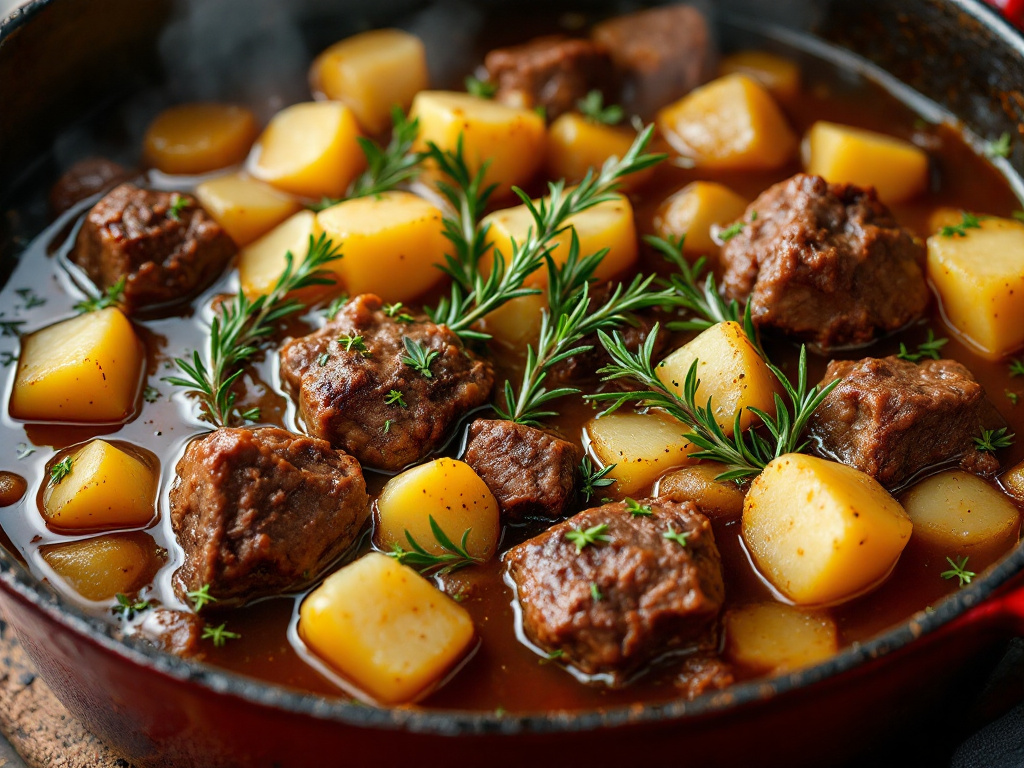 A hearty bowl of beef and potato stew with tender chunks of beef, potatoes, and vegetables in a rich, savory broth.