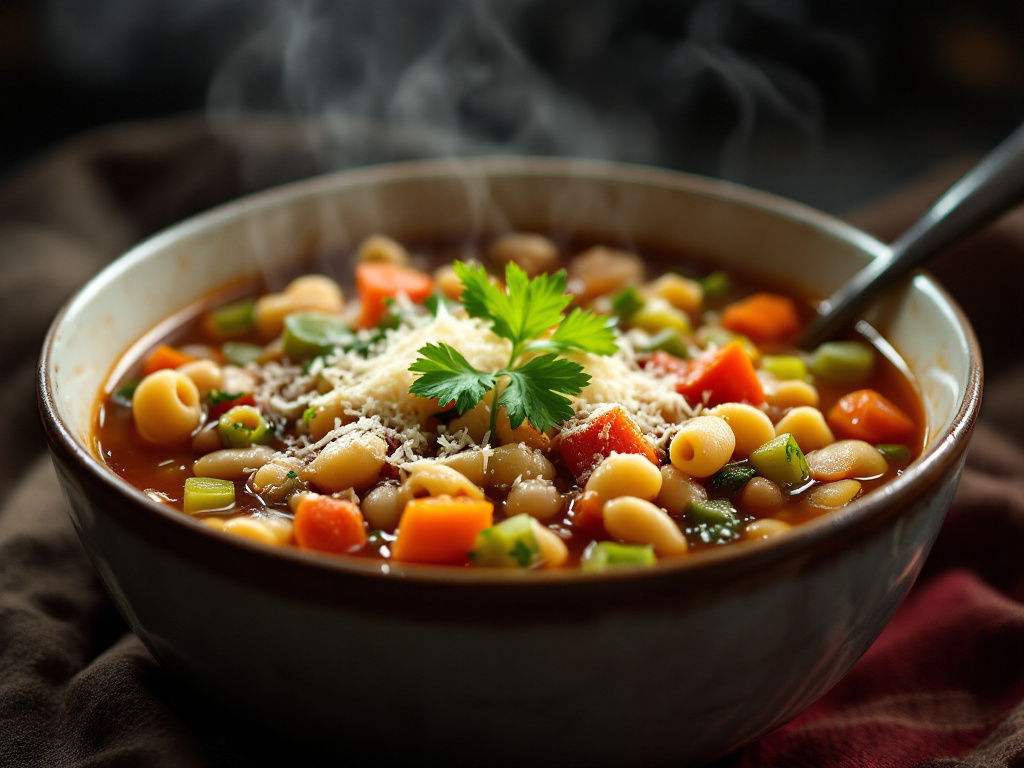 A hearty bowl of minestrone soup filled with a variety of vegetables, beans, and pasta in a rich tomato broth.