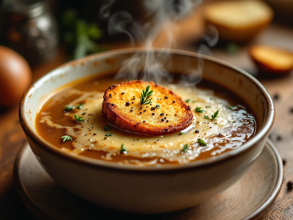 A bowl of French onion soup topped with melted cheese and a slice of toasted bread, showcasing the rich, golden broth beneath.