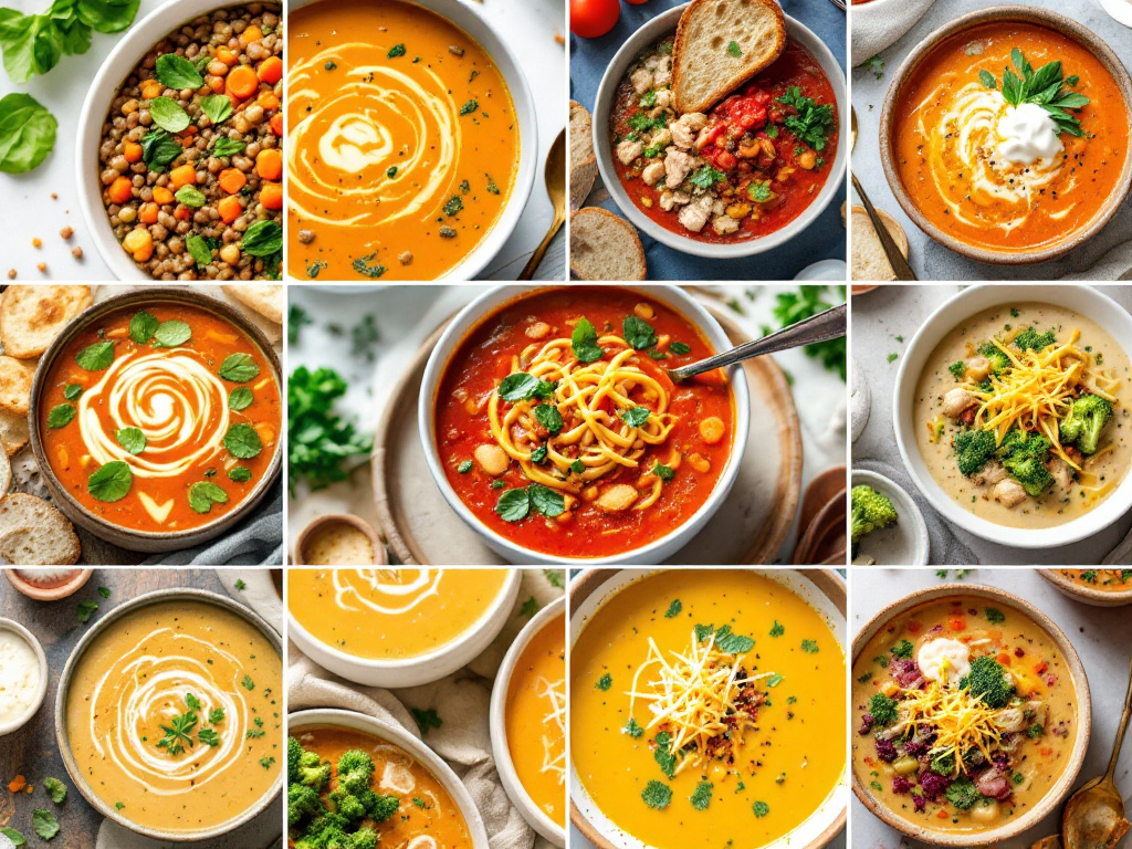 A collage of 10 cozy winter soups, including lentil soup with spinach and carrots, tomato soup, chicken noodle soup, and more, arranged in a visually appealing layout to Kickstart Your 2025 with warmth and nutrition.