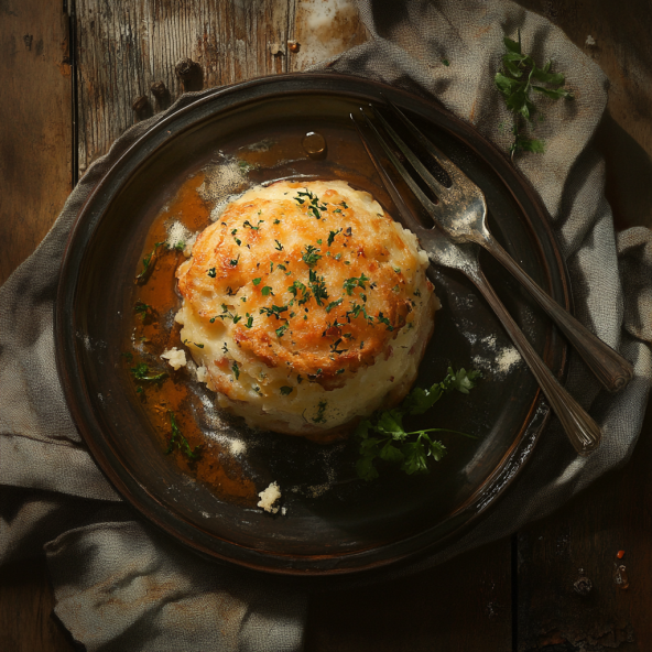 A plate of Bubble and Squeak, a traditional British dish made from leftover vegetables, featuring crispy golden patties of mashed potatoes, cabbage, and other mixed vegetables. The dish is served with a side of fresh greens and garnished with herbs, offering a comforting, sustainable meal option.