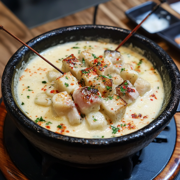 A warm and inviting cheese fondue setup, featuring a pot of melted cheese surrounded by various dippables, including bread cubes, vegetables, and fruits. The fondue pot sits on a small stand with a lit candle beneath to keep the cheese warm. The scene is set on a wooden table, creating a cozy, rustic atmosphere.