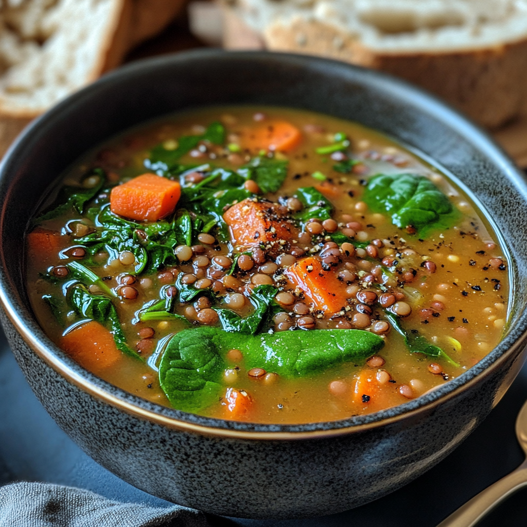  A hearty bowl of lentil soup filled with vibrant spinach and carrot chunks, perfect for a nutritious meal