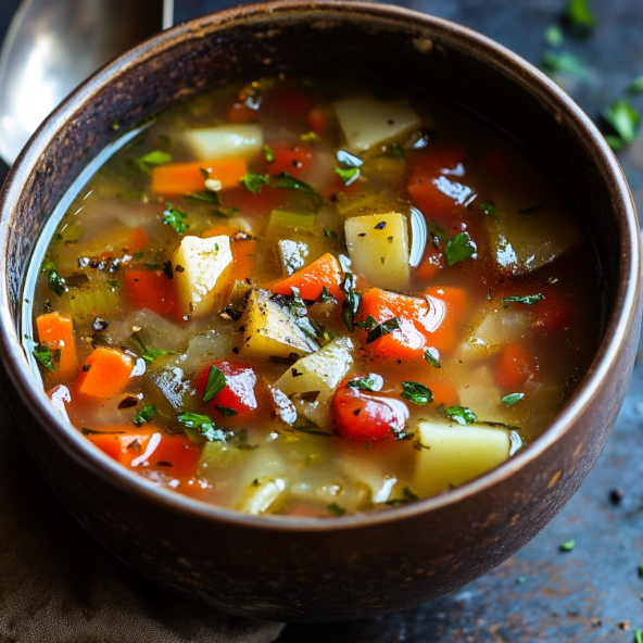 Bowl of vegetable soup with carrots, potatoes, and other vegetables in a thick broth, topped with fresh herbs.