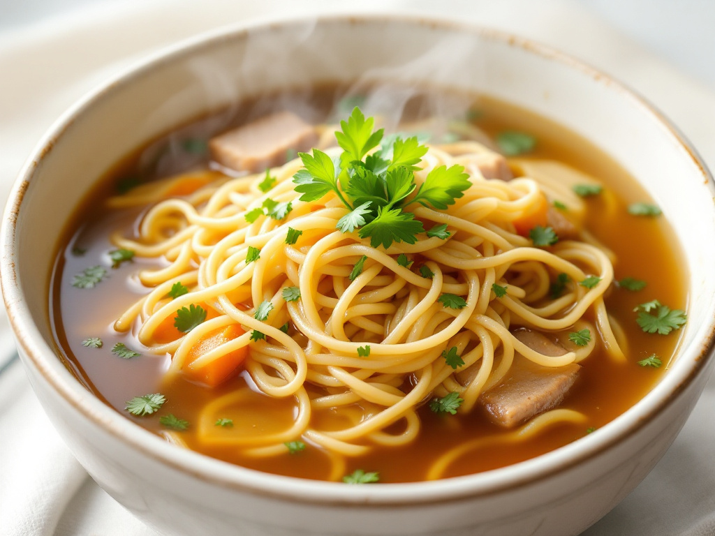 A bowl of Longevity Noodles Soup with long, thin noodles in a savory broth, garnished with green onions and cilantro.