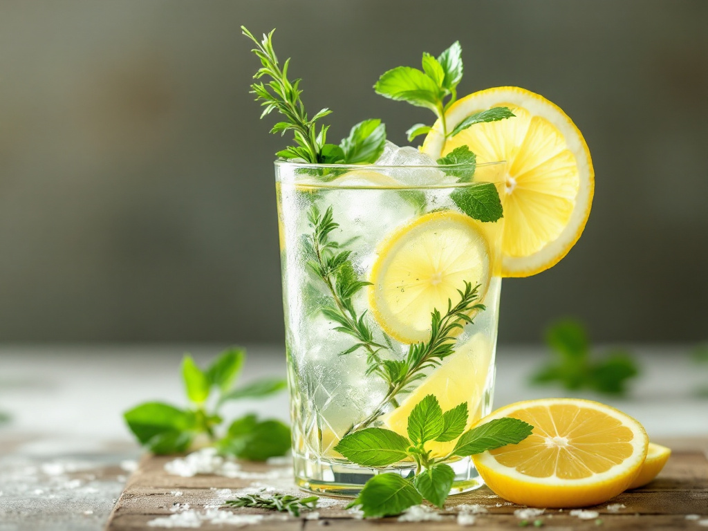 A refreshing glass of herbal lemonade with stevia, garnished with a lemon slice and fresh herbs, perfect for a sugar-free and invigorating beverage.