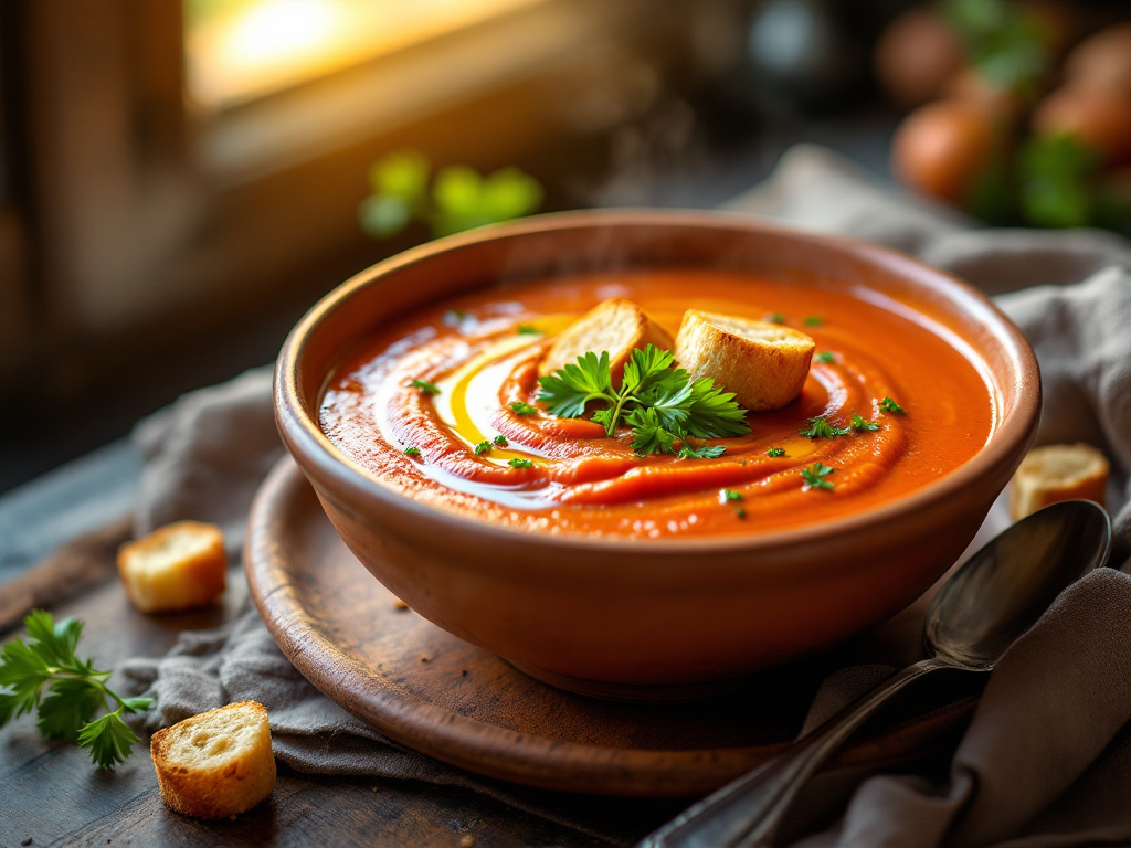 A bowl of Salmorejo, a creamy tomato soup, garnished with diced ham and hard-boiled eggs, served chilled and ready to be enjoyed.