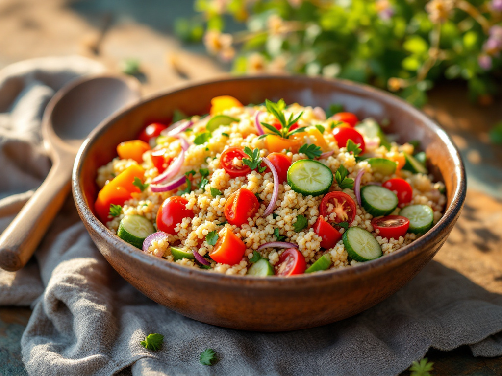 A vibrant and colorful quinoa salad presented in a bowl, featuring a mix of fresh vegetables such as bell peppers, cucumbers, cherry tomatoes, and red onions. The quinoa is fluffy and well-cooked, with the vegetables evenly distributed throughout the salad. A fork is placed on the side, and the dish is set against a simple, rustic background, enhancing its natural and healthy appeal