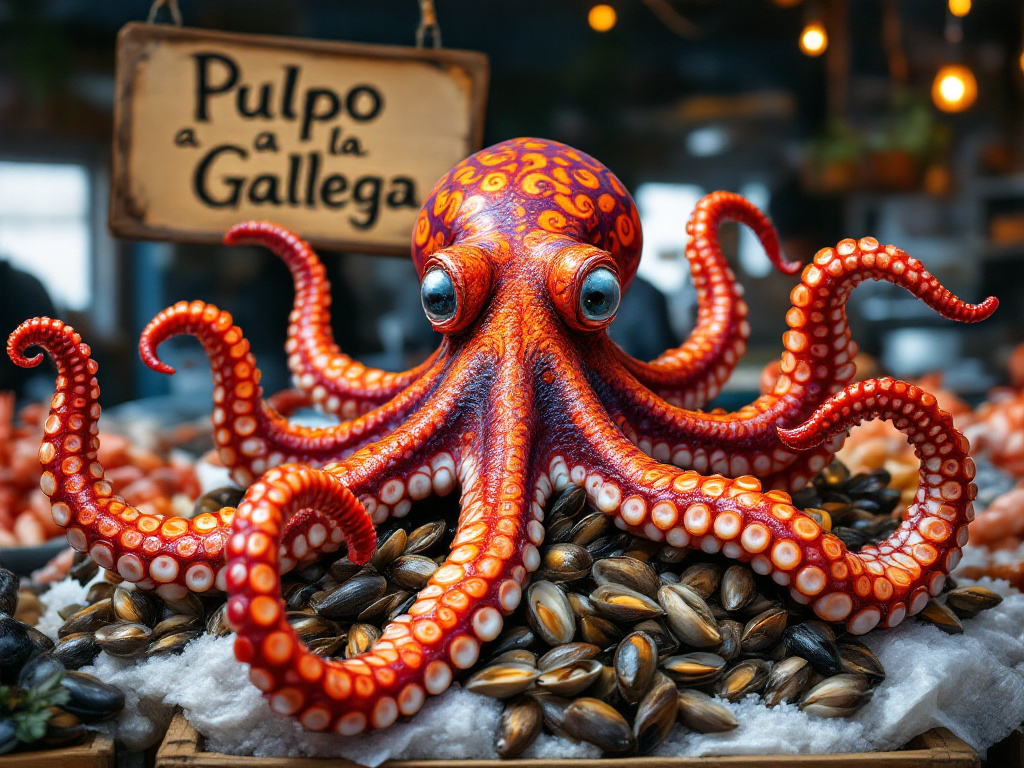 A wooden board with slices of octopus seasoned with paprika and olive oil, garnished with coarse salt.