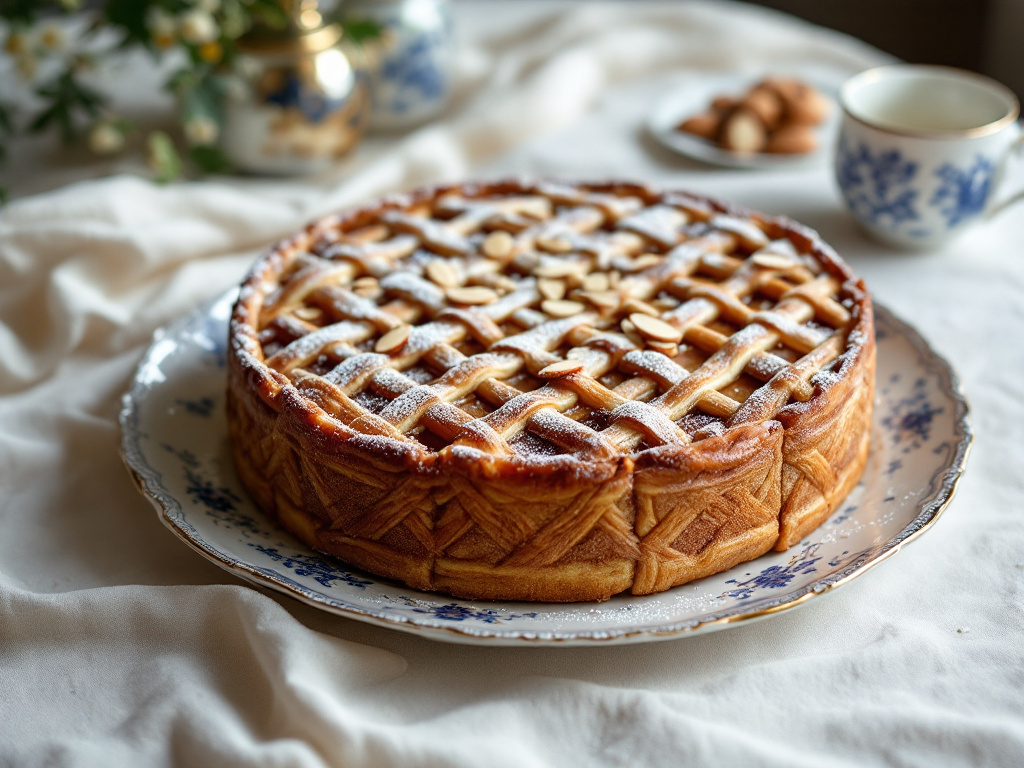  A beautifully presented Tarta de Santiago, a classic Spanish almond cake, dusted with powdered sugar in the shape of the Cross of St. James, showcasing its delicate and moist texture.