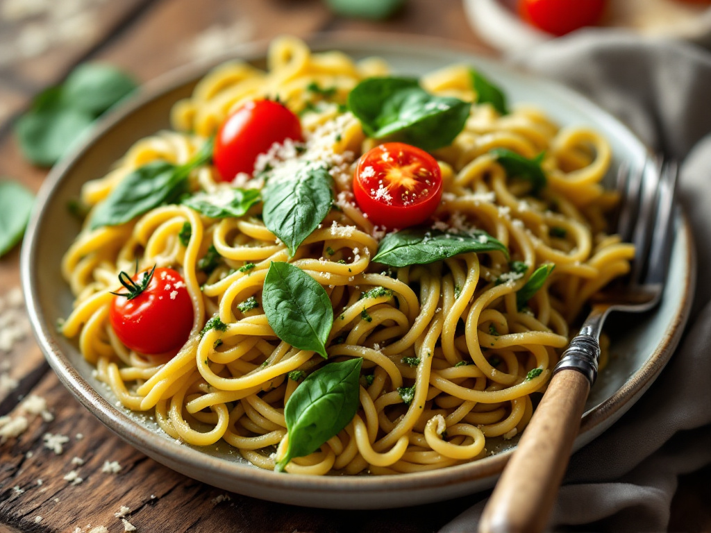 A plate of whole wheat pasta topped with a vibrant green spinach pesto sauce, garnished with fresh spinach leaves, cherry tomatoes, and grated Parmesan cheese. The dish is presented on a rustic wooden table with a fork and a glass of water on the side, creating a cozy and inviting atmosphere.