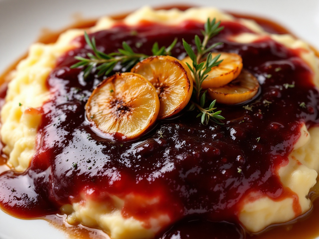 A rich, savory "Roasted Garlic & Red Wine Reduction" sauce, part of a collection of innovative gourmet sauces, presented in a glass jar with a label, surrounded by roasted garlic cloves and a glass of red wine, highlighting its key ingredients and gourmet appeal.