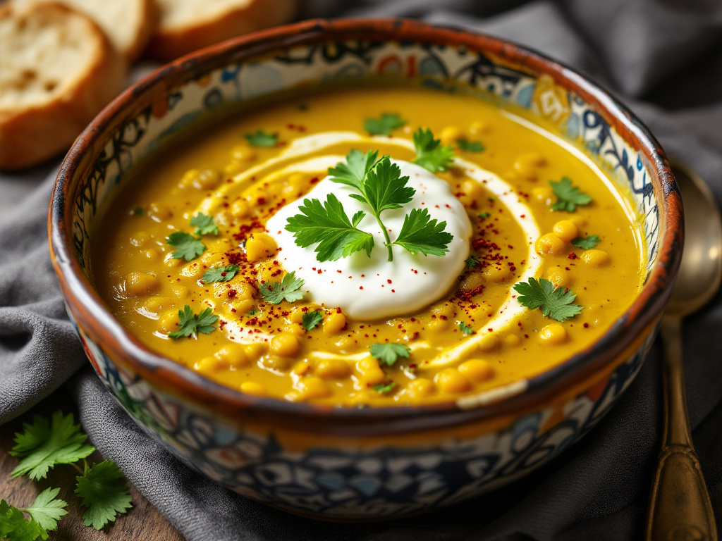 A bowl of Turmeric and Ginger Lentil Soup, one of the 8 Best Life-Changing Anti-Inflammatory Dishes, garnished with fresh herbs and a dollop of cream, served in a rustic bowl.