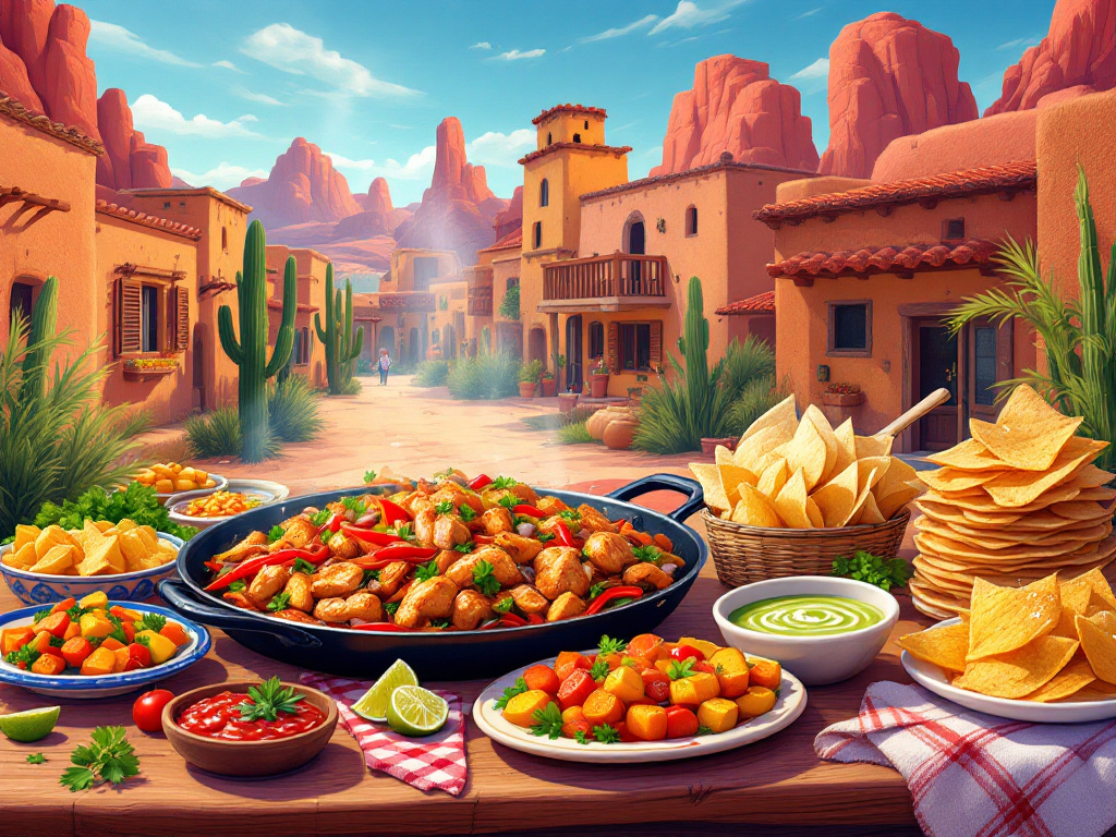 A spread of Southwestern dishes, including enchiladas, tacos, and posole, presented on a rustic table with traditional pottery and textiles.