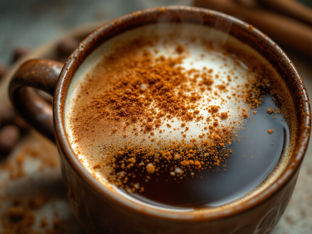 A warm cup of almond milk coffee with a sprinkle of cinnamon on top, perfect for a cozy and flavorful caffeine fix.