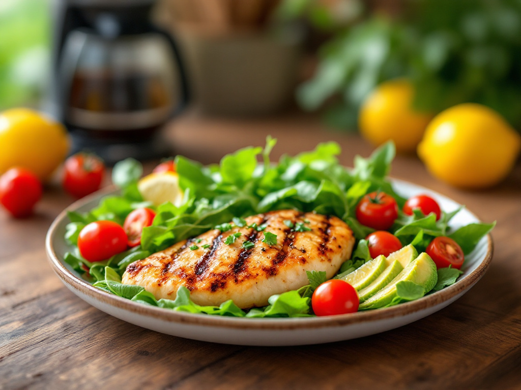 A vibrant plate of Healthy Low-Carb Meals to Boost Your Energy with a variety of colors and textures, including grilled chicken, avocado, mixed greens, cherry tomatoes, and a lemon wedge. The background is a rustic wooden table with a blurred kitchen setting. The image conveys energy and health.