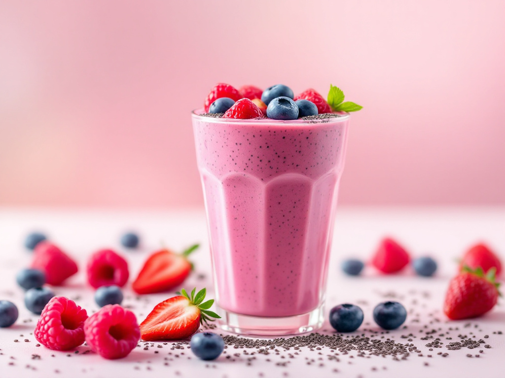 A vibrant and nutritious berry and chia seed smoothie, garnished with fresh berries and chia seeds, perfect for a healthy and energizing start to the day.