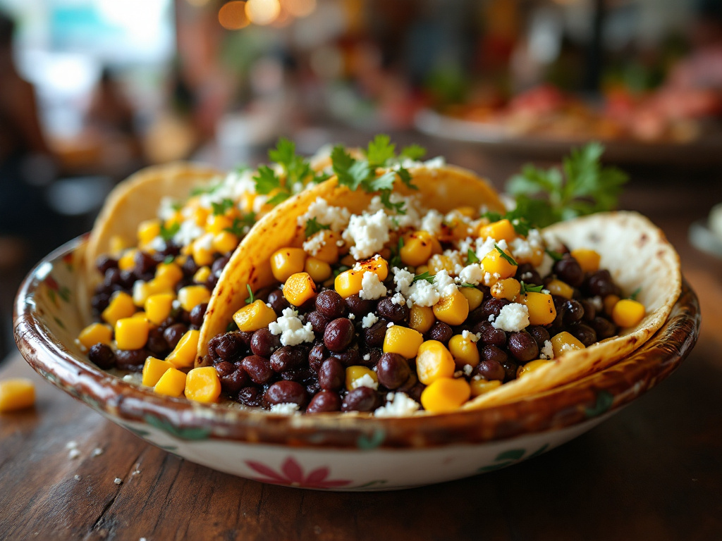 A realistic photo of Black Bean and Corn Tacos, showcasing vibrant and appetizing tacos filled with a hearty mixture of black beans, corn, and colorful toppings, garnished with fresh cilantro and lime wedges.