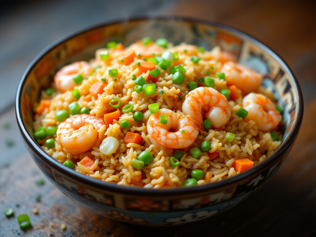 A vibrant dish of Shrimp Fried Rice with succulent shrimp, colorful vegetables, and scrambled eggs.