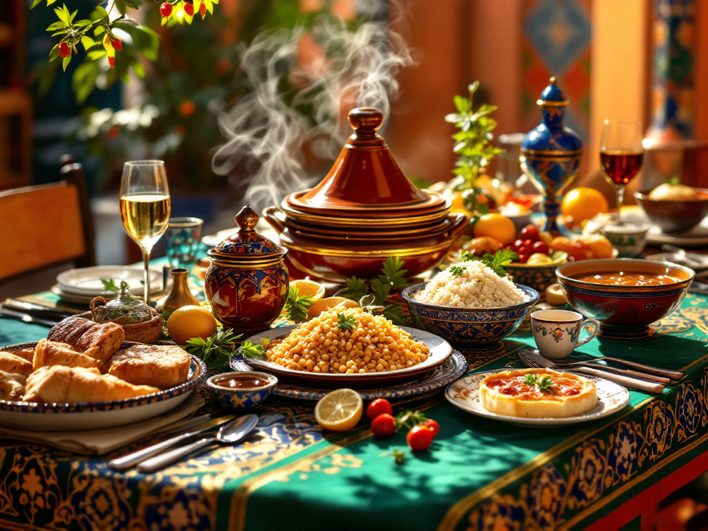 A vibrant display of traditional Moroccan dishes, showcasing the rich Flavors of Morocco, including tagines, couscous, pastilla, harira, and mint tea, arranged on a beautifully set table adorned with authentic Moroccan decorations.