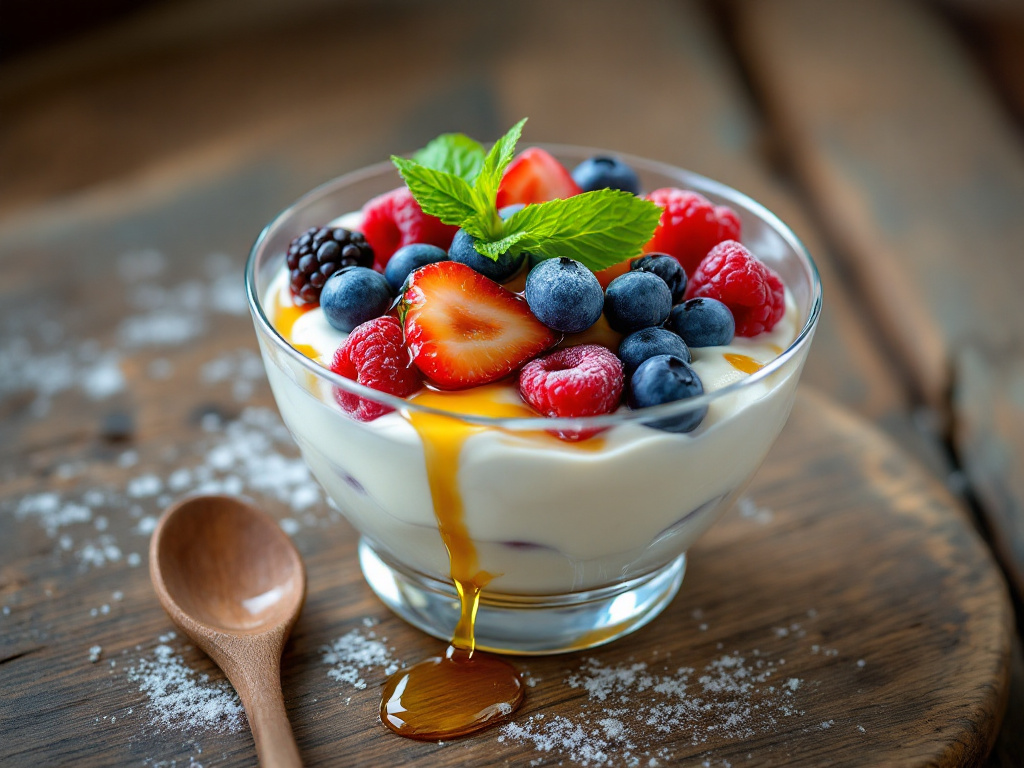 A beautifully presented yogurt and berries dessert in a glass bowl. The yogurt is creamy and smooth, topped with a generous helping of mixed berries such as strawberries, blueberries, and raspberries. A drizzle of honey and a sprig of fresh mint are added for garnish. The dessert is placed on a rustic wooden table with a spoon on the side, creating a cozy and inviting atmosphere.