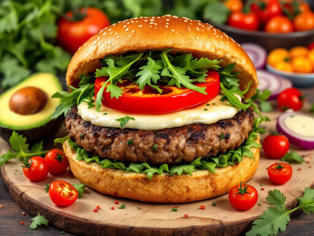 A delicious and healthy flexitarian burger with fresh vegetables and avocado, representing flexitarian recipes for weight loss and diabetes prevention.