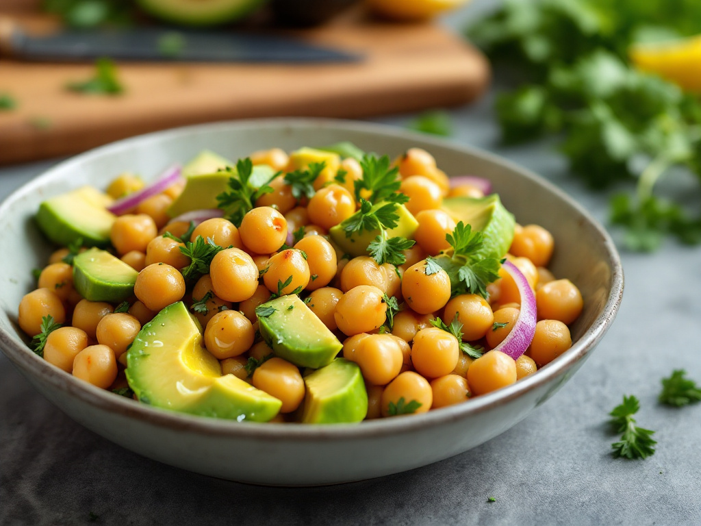 A realistic photo of a Chickpea and Avocado Salad, showcasing a vibrant and fresh mix of chickpeas, ripe avocado slices, and colorful vegetables, garnished with herbs and a light dressing.