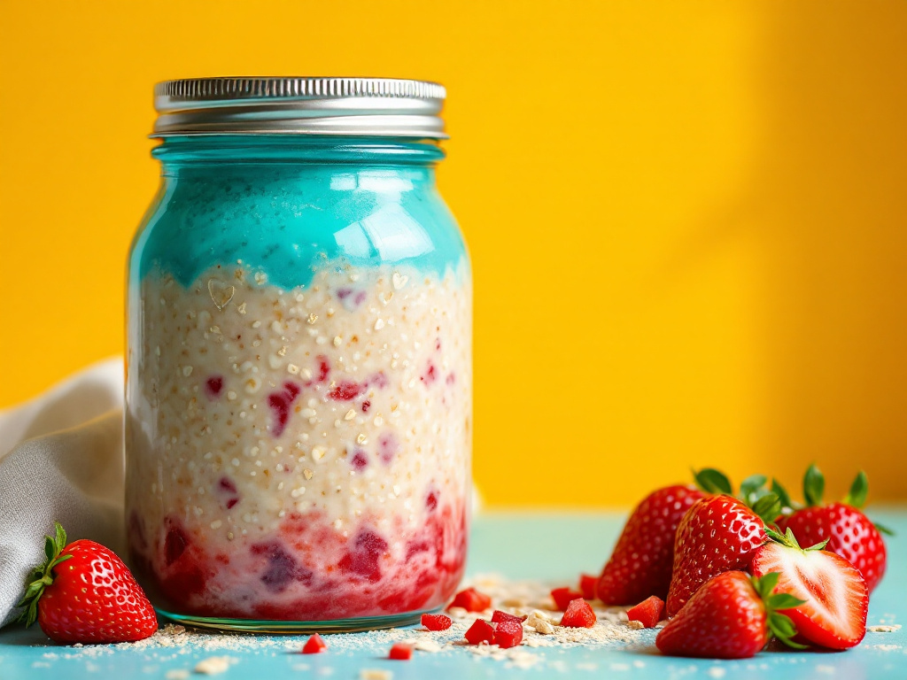 A creamy jar of Strawberry Cheesecake Overnight Oats, a delightful and nutritious option among Diabetes-Friendly Desserts, featuring layers of oats, cream cheese, and fresh strawberries.