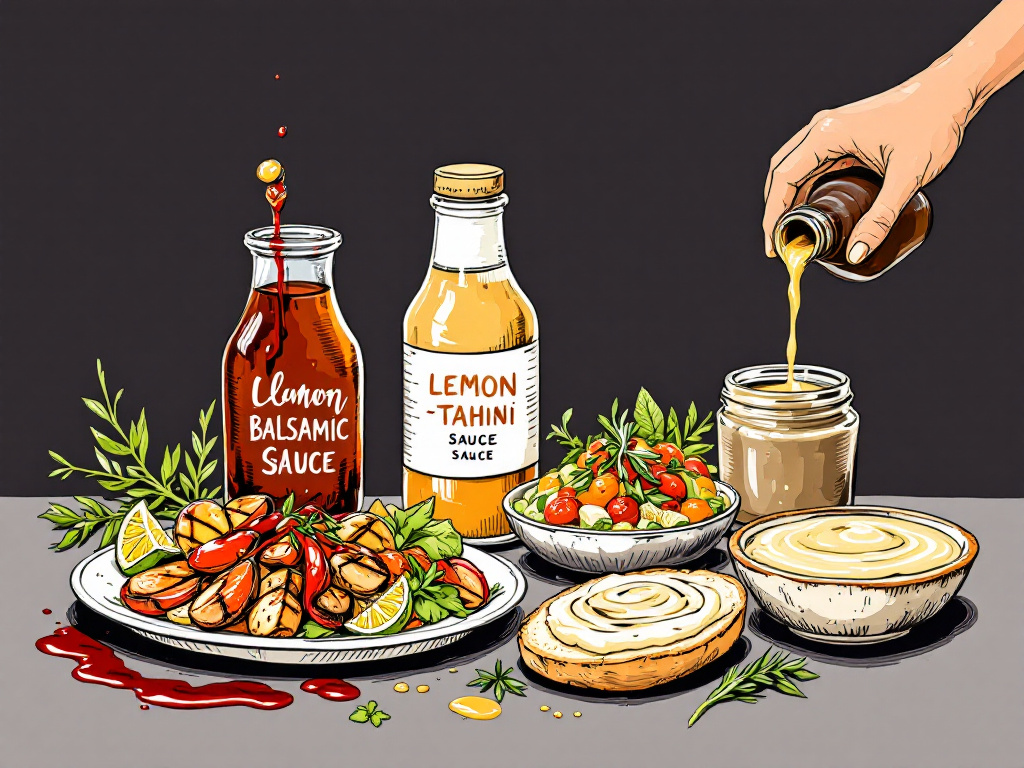 An illustration featuring a variety of Innovative Gourmet Sauces in bottles and jars, accompanied by dishes such as grilled meat and vegetables, showcasing the sauces' versatility and appeal.