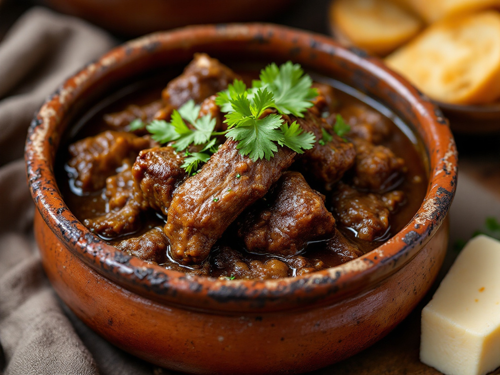 A bowl of Rabo de Toro, a hearty oxtail stew, featuring tender oxtail meat in a rich, flavorful sauce, garnished with fresh herbs and served with crusty bread.