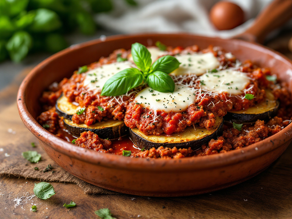 A delicious and hearty Eggplant Parmesan with Ground Beef, featuring layers of breaded and fried eggplant slices, rich tomato sauce, melted mozzarella and Parmesan cheeses, and savory ground beef. The dish is garnished with fresh basil leaves and served in a rustic baking dish. The background is a wooden table with a checkered tablecloth, creating a cozy and inviting atmosphere.