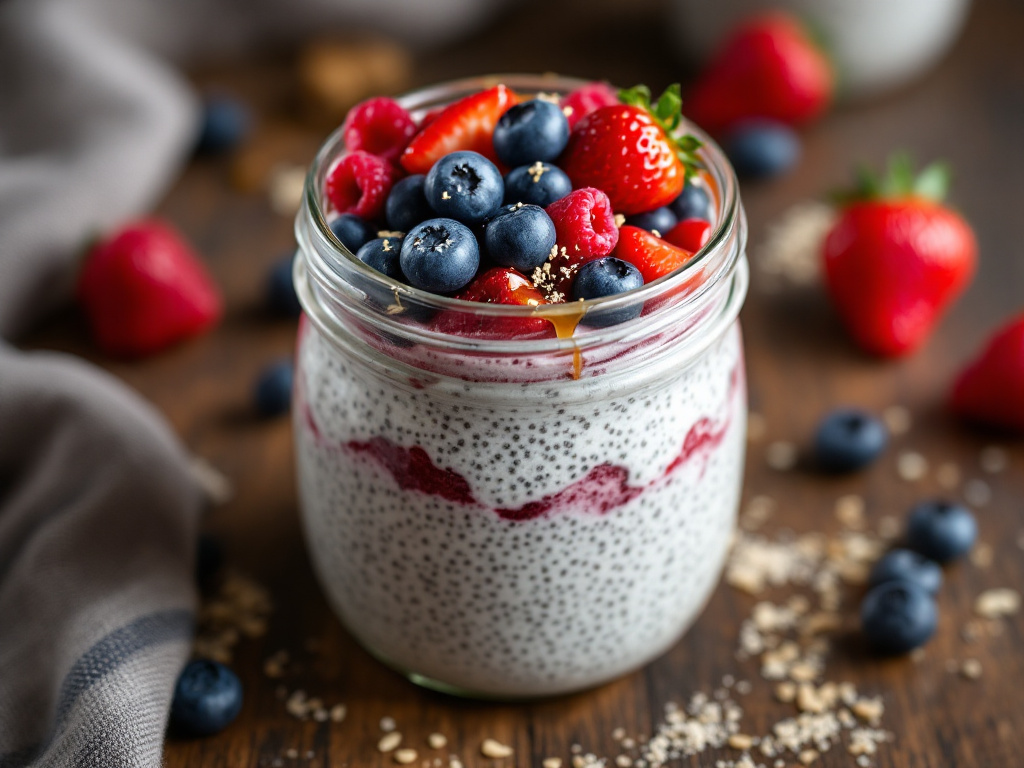 A realistic photo of a Berry and Chia Seed Pudding, showcasing a creamy and delicious pudding topped with a colorful mix of fresh berries and chia seeds, garnished with a sprig of mint.