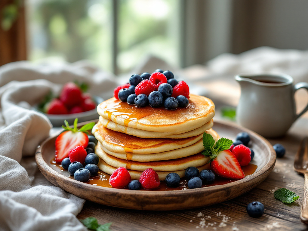 A stack of fluffy Coconut Flour Pancakes topped with fresh berries and a drizzle of honey, served on a rustic wooden table.