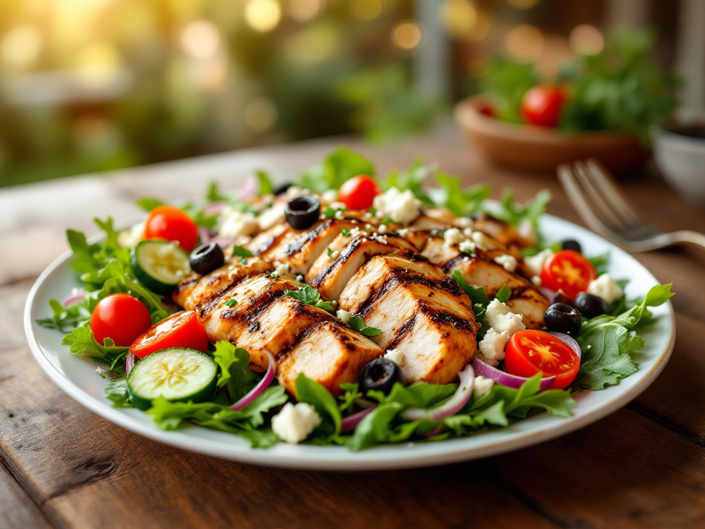 A vibrant and appetizing Grilled Chicken Salad with Olive Oil Dressing, featuring tender grilled chicken slices atop a bed of fresh mixed greens, cherry tomatoes, cucumber slices, and red onion. The salad is dressed with a light olive oil and lemon vinaigrette, and garnished with crumbled feta cheese and Kalamata olives. The background is a rustic wooden table with a blurred outdoor setting, creating a fresh and inviting atmosphere.