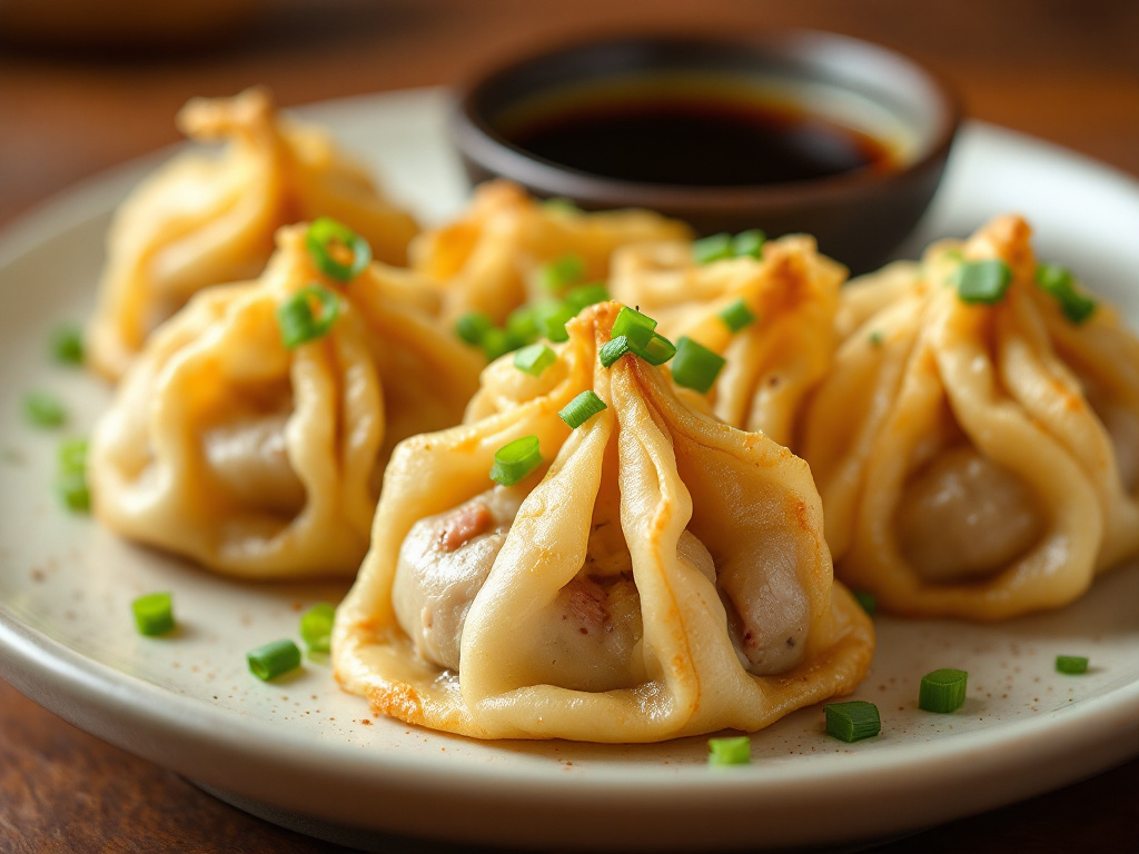  Pork and Cabbage Dumplings served on a plate, garnished with green onions.