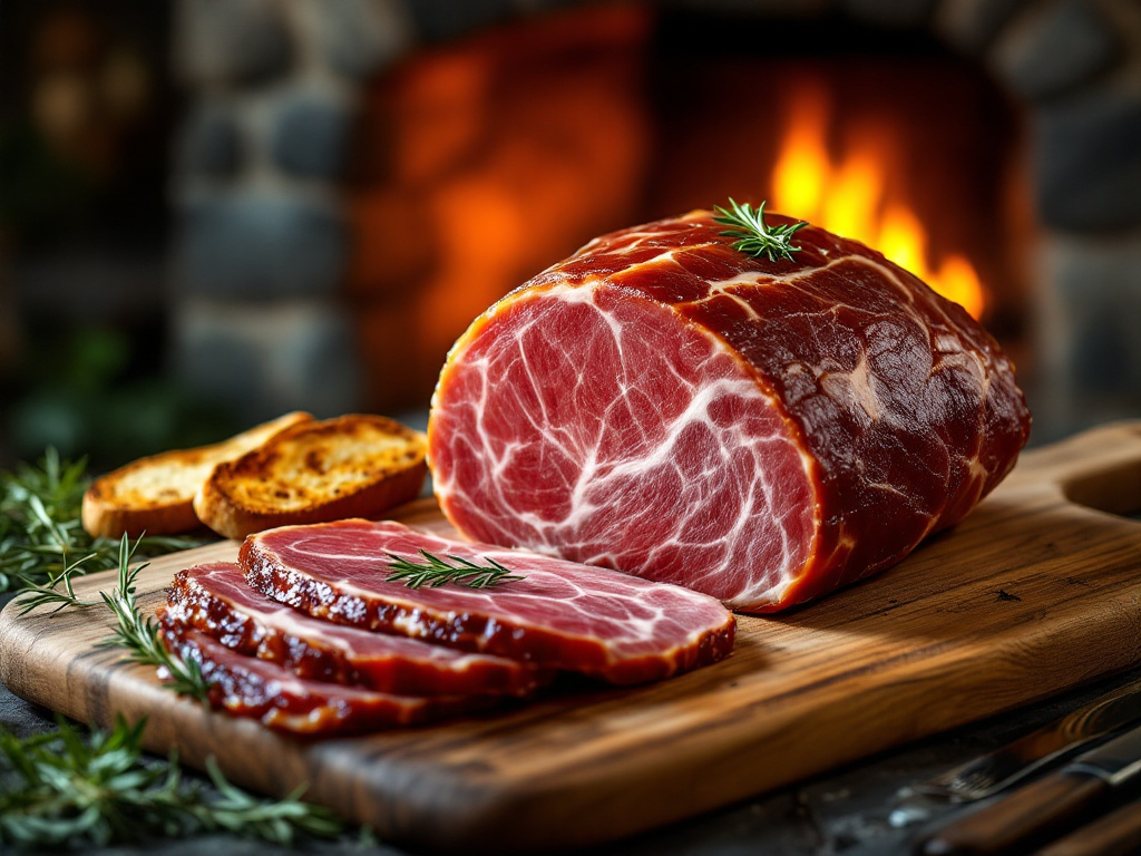 Photograph of thin slices of Iberian ham on a wooden board, with grapes and nuts in the background