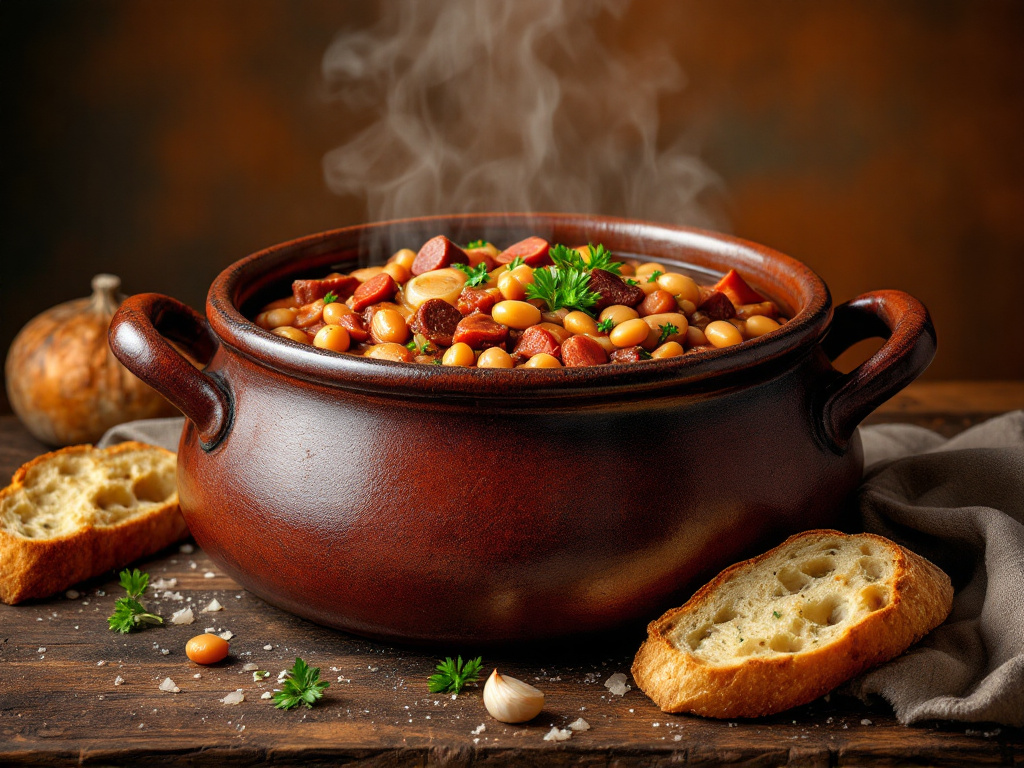 A bowl of Fabada Asturiana, a hearty bean stew with large white beans, chorizo, morcilla, and pork, served in a rustic bowl.