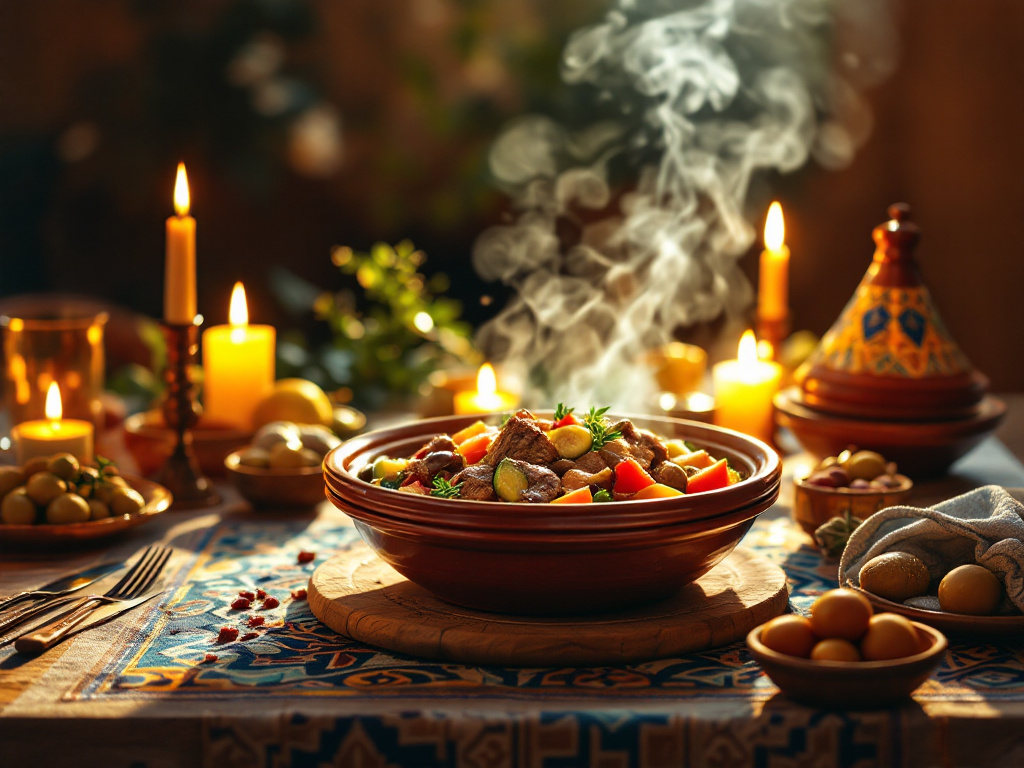  A traditional clay tagine pot filled with a flavorful mix of meat, vegetables, and spices, representing the iconic Flavors of Morocco, set against a backdrop of Moroccan-inspired decor.