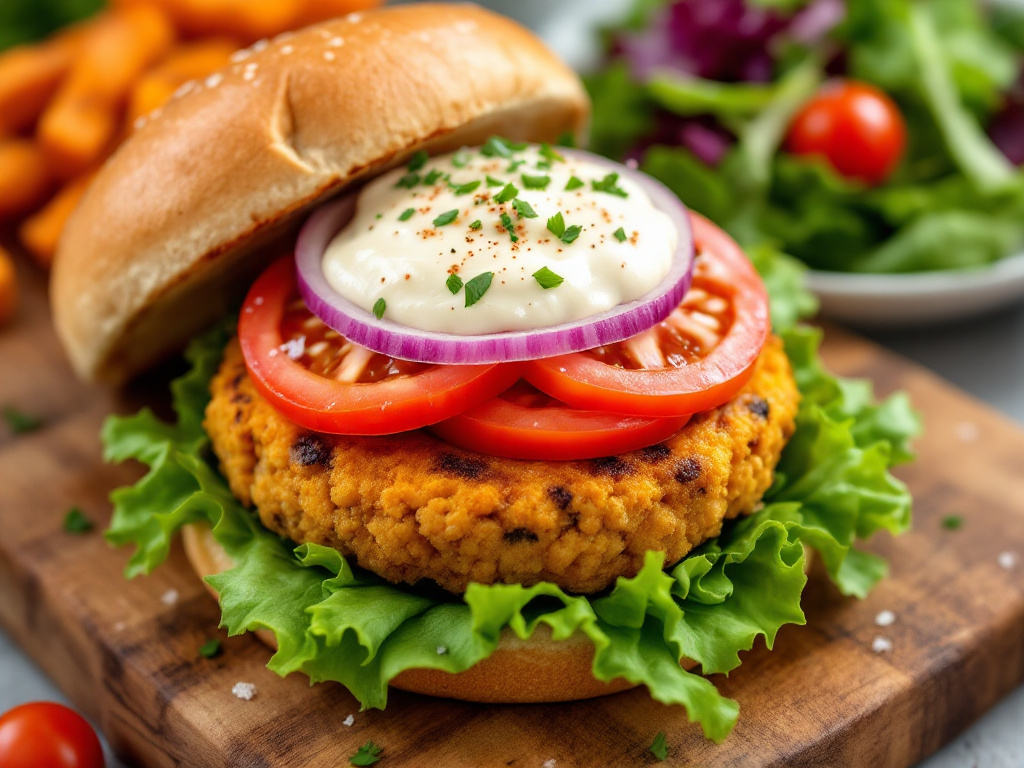 A close-up of a chickpea burger on a whole grain bun, topped with fresh lettuce, sliced tomatoes, red onions, and a creamy sauce. The burger looks juicy and appetizing, with visible chunks of chickpeas in the patty. It is served with a side of crispy sweet potato fries and a small salad, all presented on a wooden cutting board to enhance the homemade and healthy appeal.