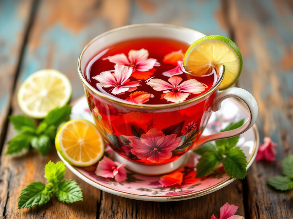 A vibrant red cup of unsweetened hibiscus tea, garnished with a slice of lime and a few hibiscus petals, perfect for a refreshing and sugar-free beverage option.