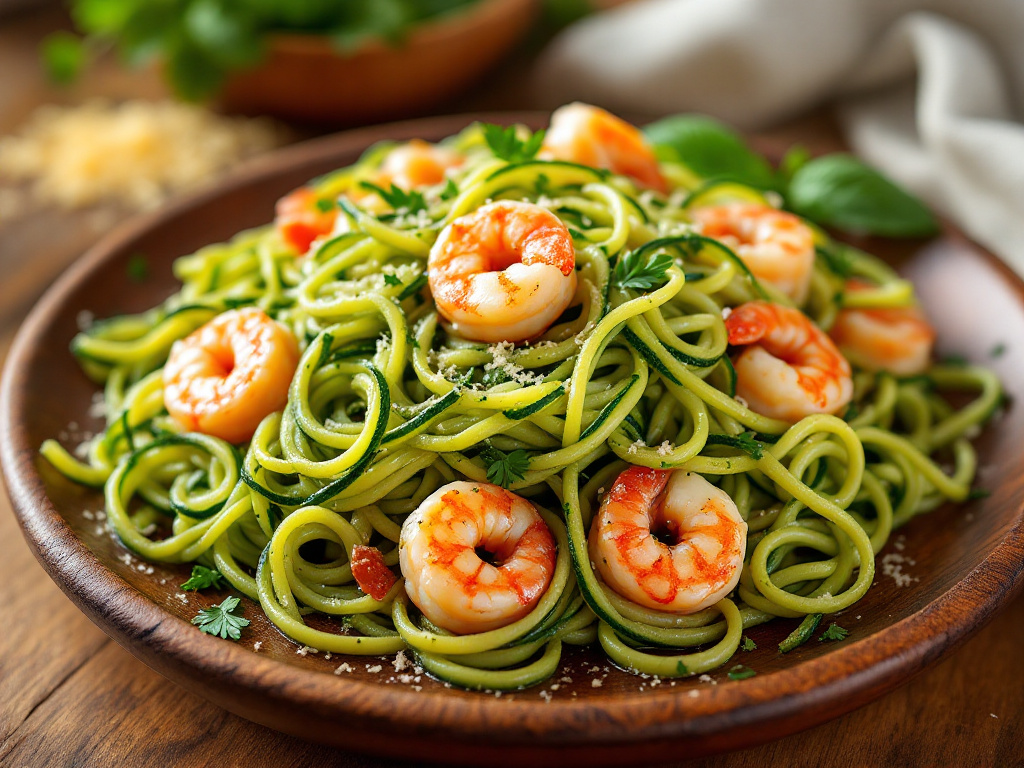 Image of Zucchini Noodles with Pesto and Shrimp, a delicious and healthy choice among Low-Carb Recipes for Diabetics.