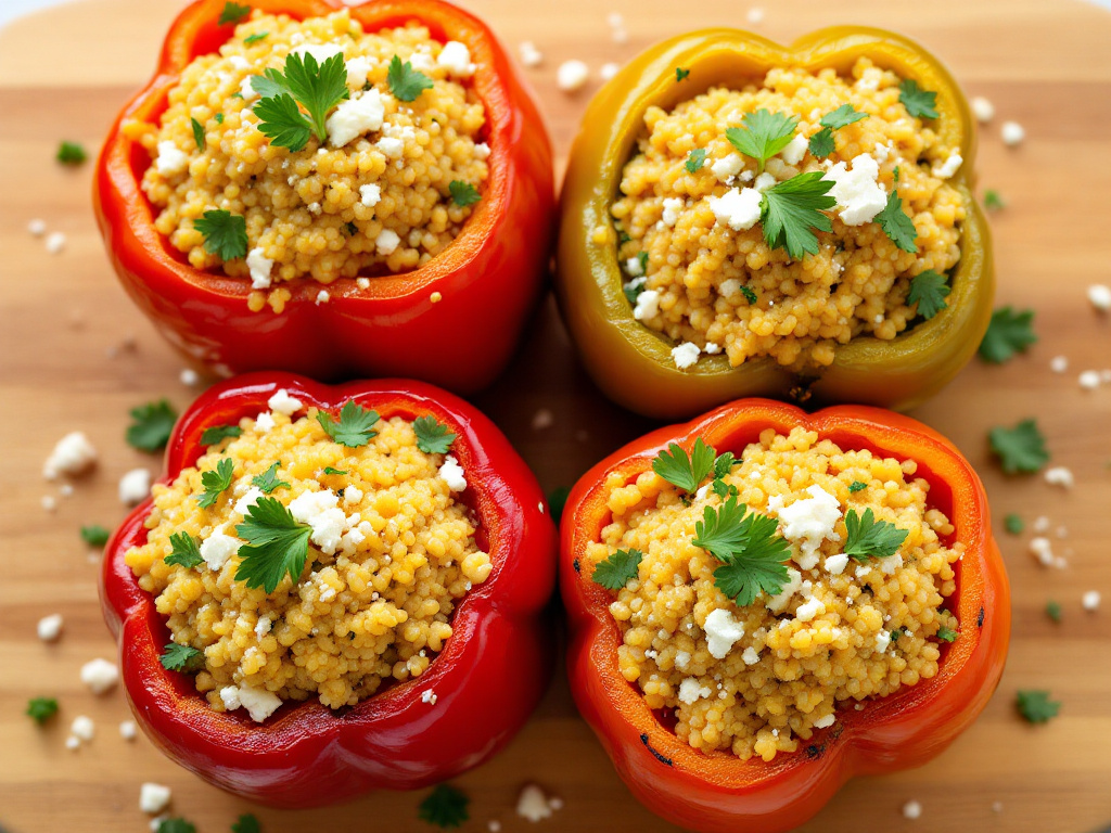 Colorful bell peppers stuffed with quinoa, representing a delicious and healthy recipe.