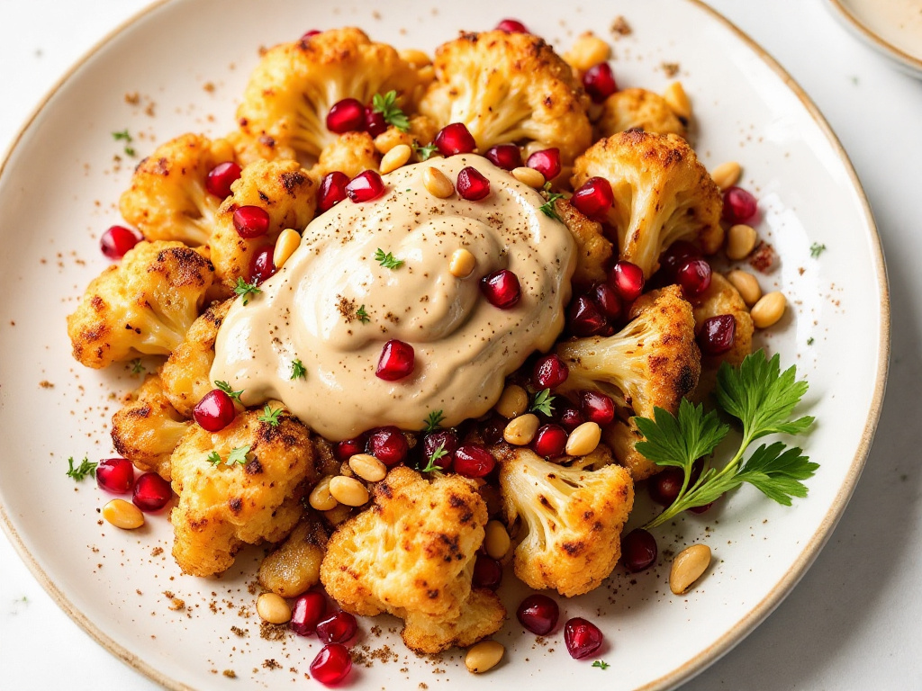 A beautifully plated dish of Roasted Cauliflower with Tahini and Pomegranate, one of the 8 Best Life-Changing Anti-Inflammatory Dishes, garnished with fresh herbs and vibrant pomegranate seeds.