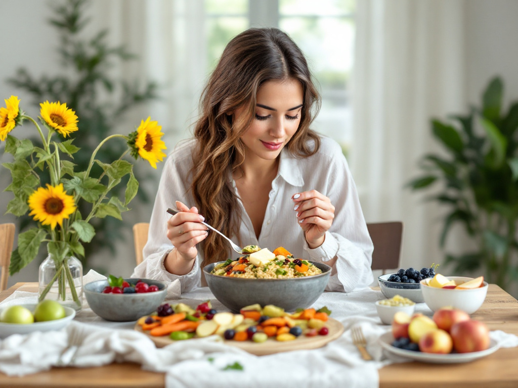 Image representing a balanced diet to prevent obesity and diabetes, focusing on mindful eating.