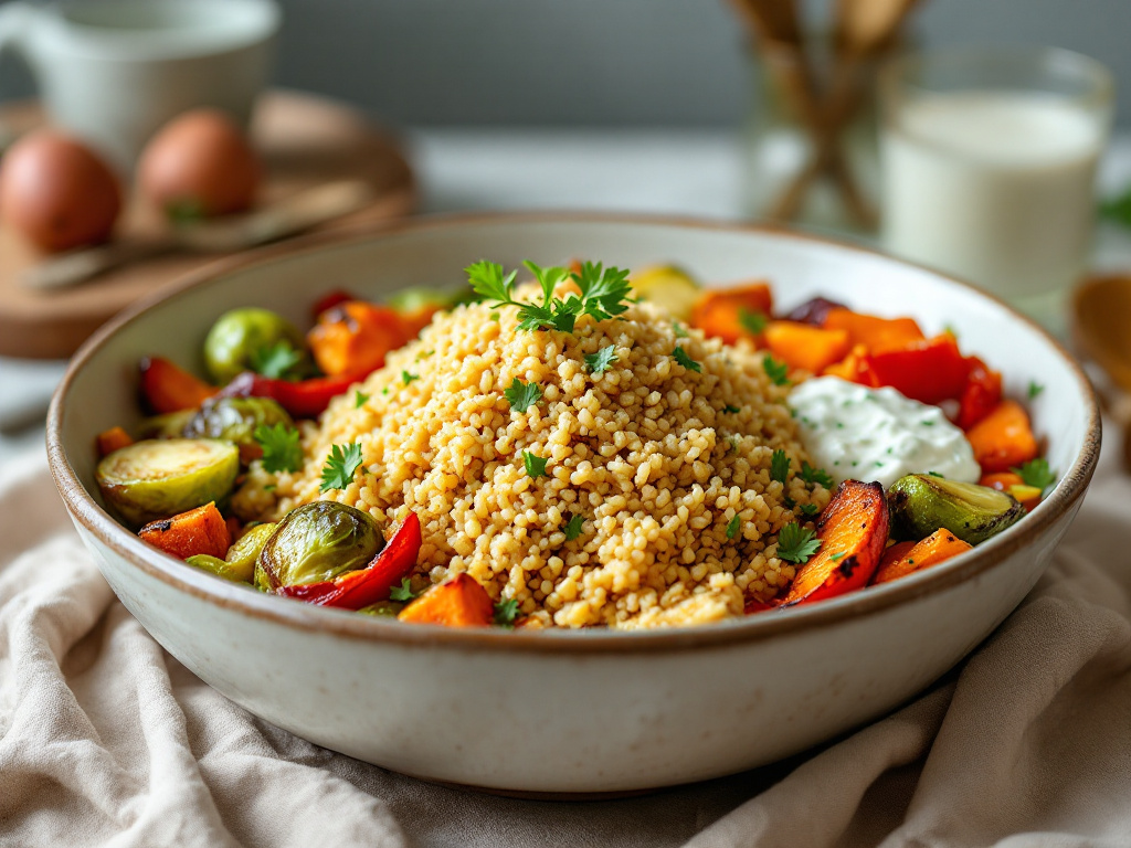 A realistic photo of a Quinoa and Roasted Vegetable Bowl, showcasing a colorful and nutritious meal with a variety of roasted vegetables atop a bed of fluffy quinoa.