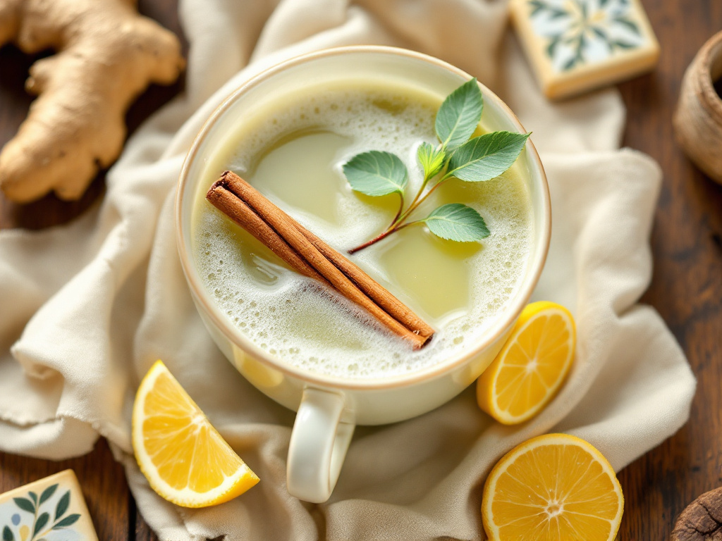 A soothing cup of green tea with ginger and cinnamon, garnished with a cinnamon stick and a slice of fresh ginger, perfect for relaxation and promoting health.