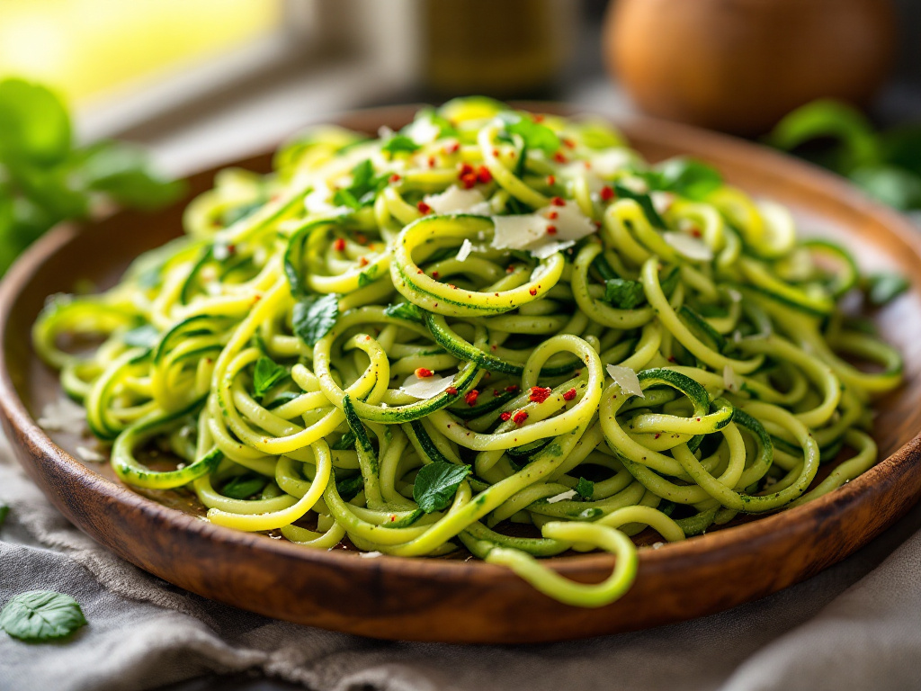 A plate of Zucchini Noodles with Avocado Pesto, garnished with fresh basil and cherry tomatoes, served on a rustic wooden table.