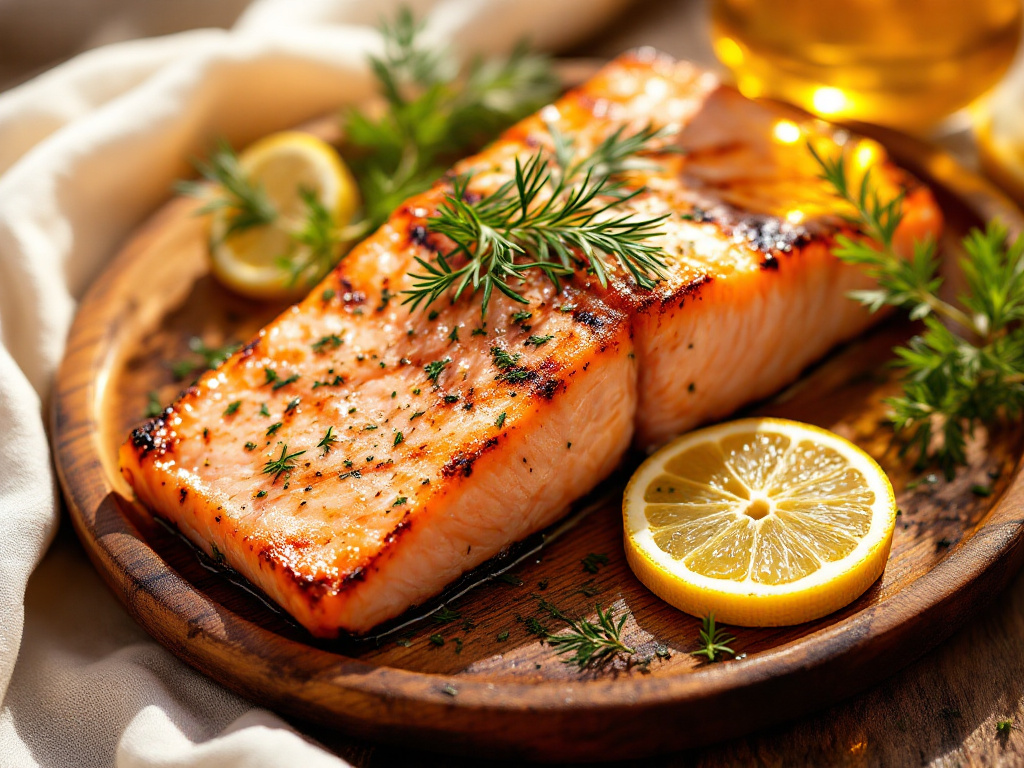 A beautifully plated Grilled Salmon with Lemon and Dill, garnished with fresh herbs and lemon slices, served on a rustic wooden board.